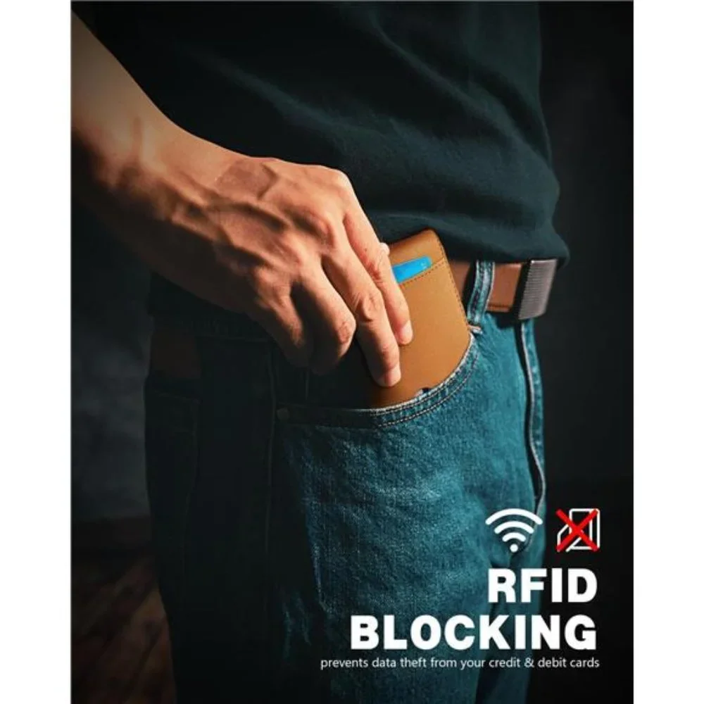 Slim Money Clip‎ Wallets Men RFID Blocking Card Holder Minimalist Leather Brown